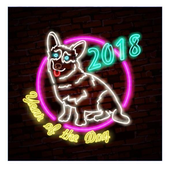 year sign new neon dog 2018 