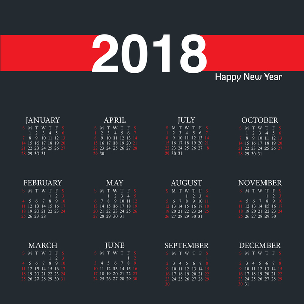 red calendar black 2018 