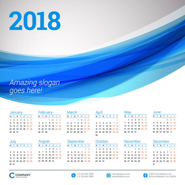 wavy calendar blue 2018 