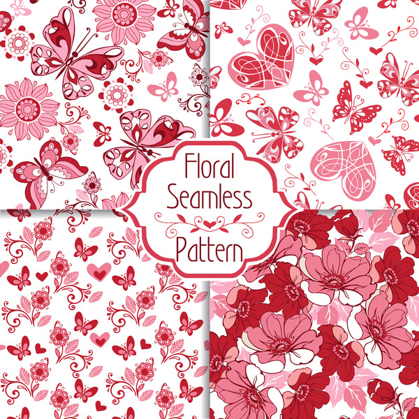 seamless pattern hearts floral decorative collection butterflies 