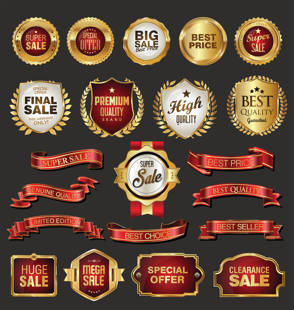 sale Retro font labels golden badges 