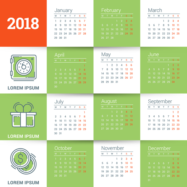 white green calendar 2018 