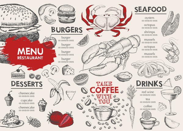 seafood menu hand drawn  