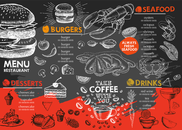 seafood menu hand drawn 