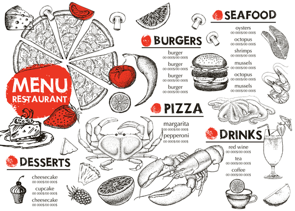 seafood menu hand drawn 