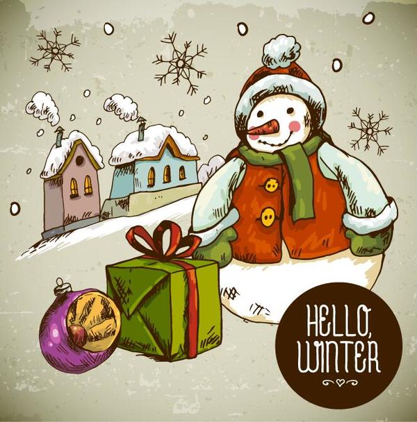 snowman hand gift drawn christmas box 