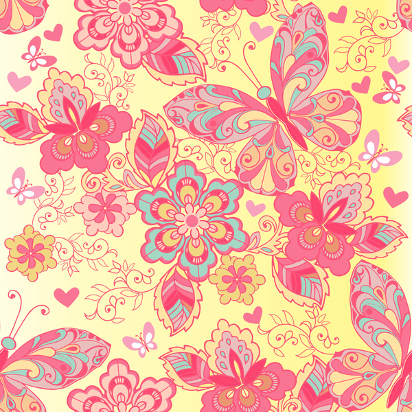 seamless pink pattern flowers butterflies 