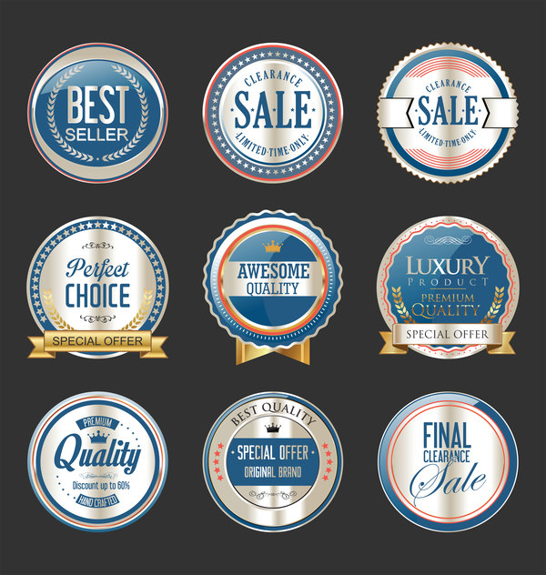 silver Retro font premium luxury labels blue badges 