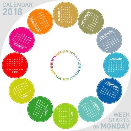 round colored calendar 2018 