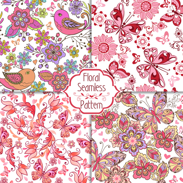 set seamless pink Patterns hearts floral butterflies birds 