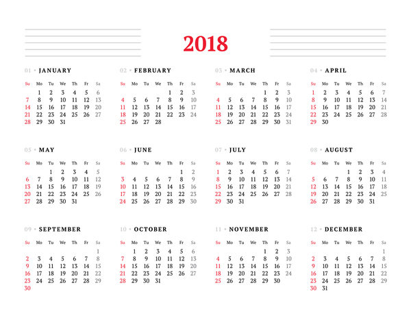 white calendar 2018 