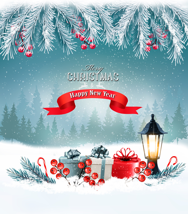 winter merry lantern landscape greeting christmas card 