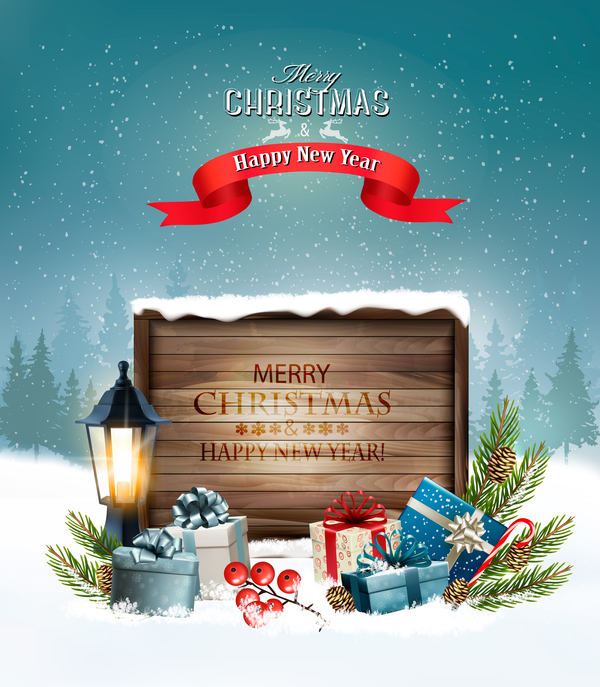wooden sign merry lantern greeting christmas card 