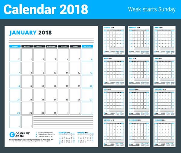 会社 カレンダー 、2018 年の青 