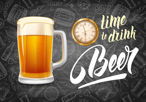 、ビール、黒板、飲む、時間 