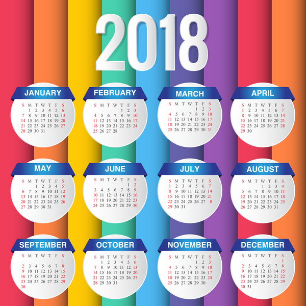 、2018、カレンダー、色、クリエイティブ 
