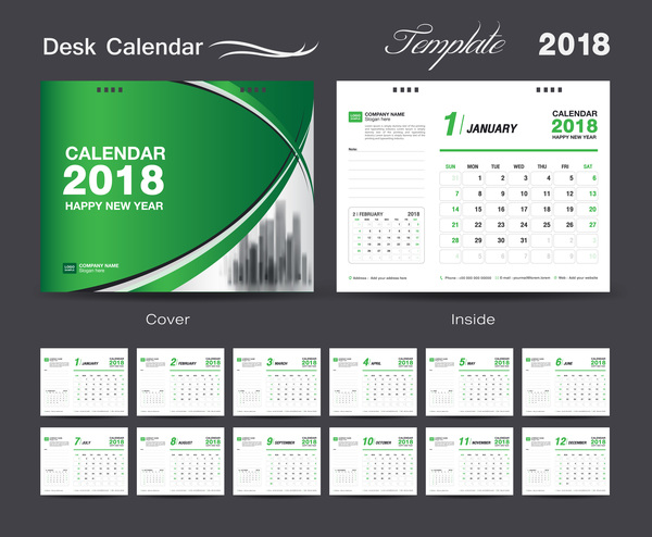 、2018、カレンダー、机、グリーン 