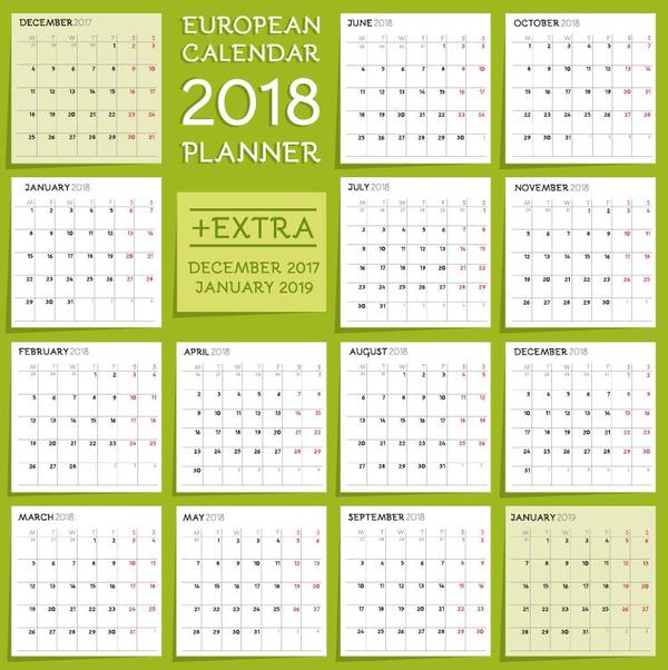 vert Frais calendrier 2018 