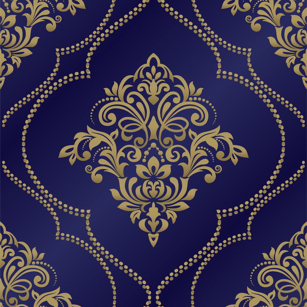、青の背景、ダマスク織、黄金、シームレスなパターン 