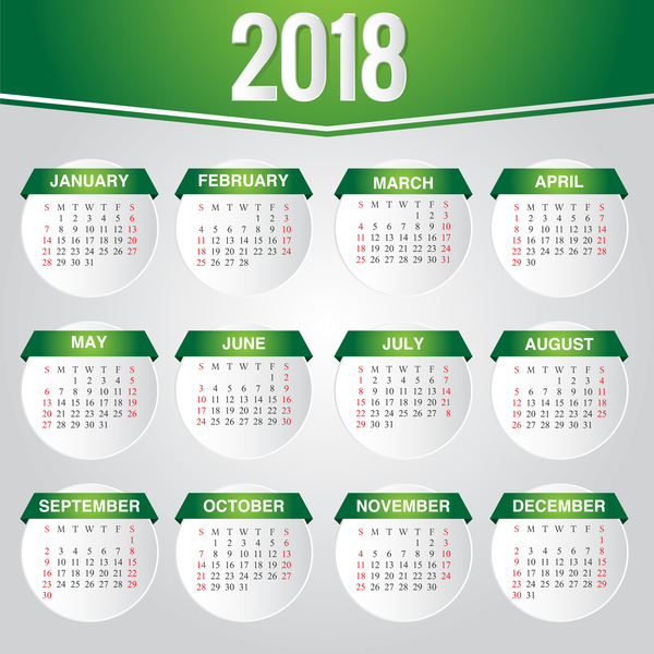、2018 年カレンダー、グリーン 