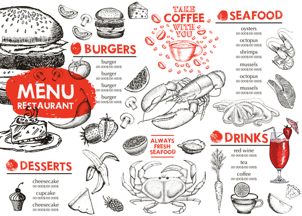 menu main fruits de mer dessiné 