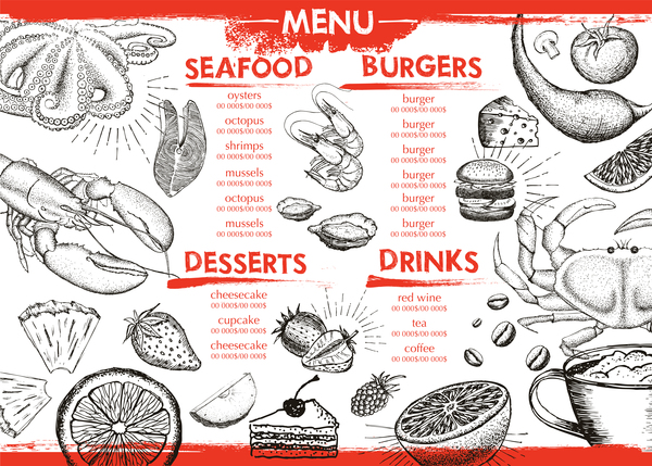 menu Meeresfrüchte hand gezogen 