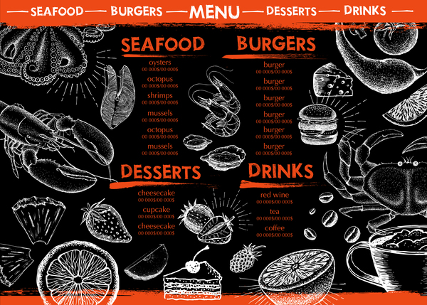 menu main fruits de mer dessiné 