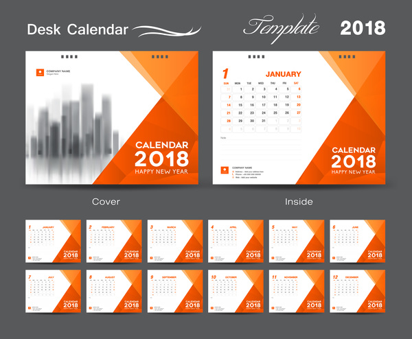 、2018 年のカレンダー、カバー、デスク、オレンジ、の年 