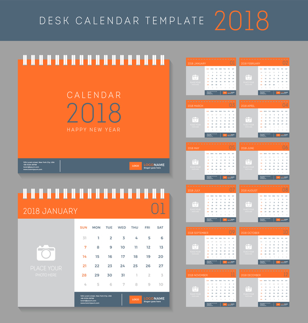 、2018 年のカレンダー、ディスク、オレンジ、赤 