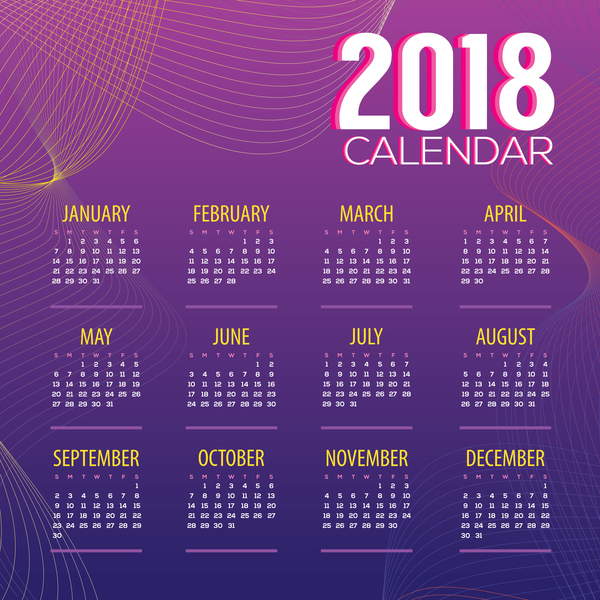 、2018、カレンダー、ライン、紫色の、波状 