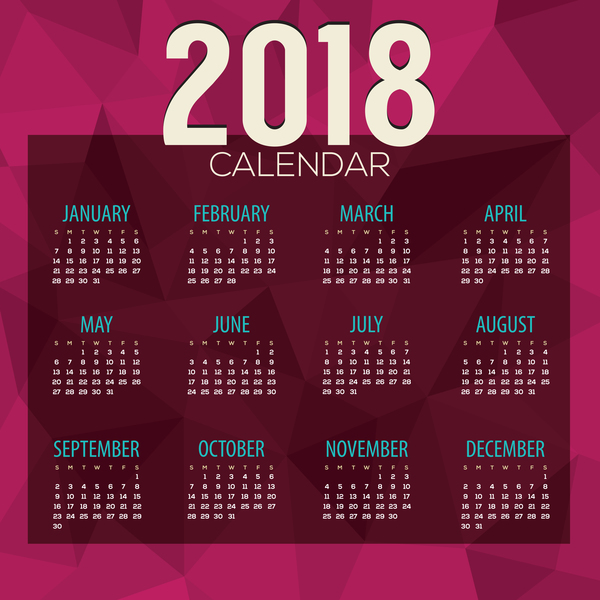 、2018 年にはカレンダー、ポリゴン、紫、赤  