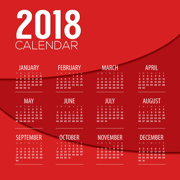 、2018 年カレンダー、赤 